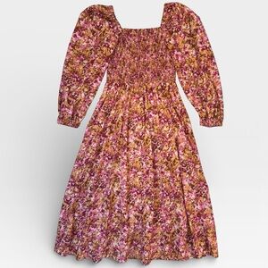 J. Crew Pink Floral Fit & Flare Long Sleeve Midi Dress 100% Cotton XSMALL